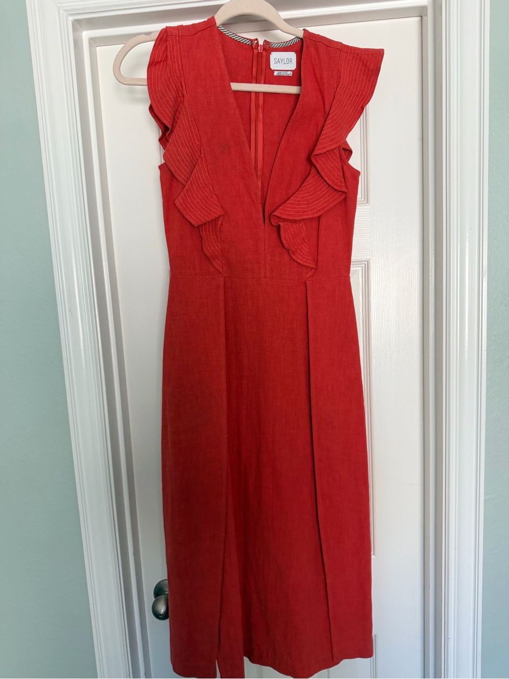 SAYLOR Coral-Red Ruffle V-Neck Midi Dress